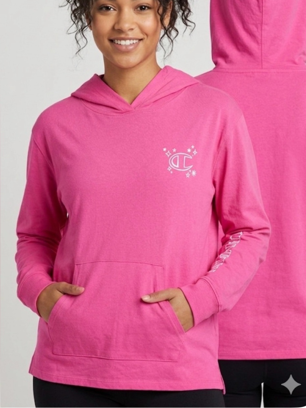 Champion Pink 100% Cotton Long Sleeve Hooded Tee Chest Graphic Size M